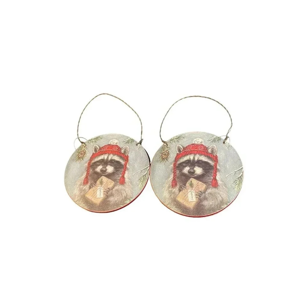 Raccoon Wood Round Christmas Holiday Ornaments Red Hat 4x4 Set Of 2 NEW Rustic
